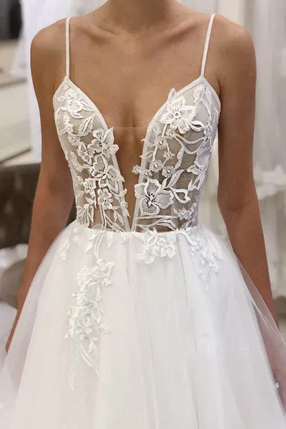 A-Line V-Neck Lace Floor-Length Wedding Dress - Yihuiw by Yihuiw