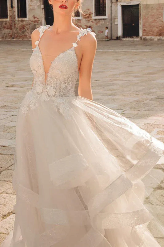 A-Line V-Neck Floor-Length Wedding Dress - Yihuiw by Yihuiw