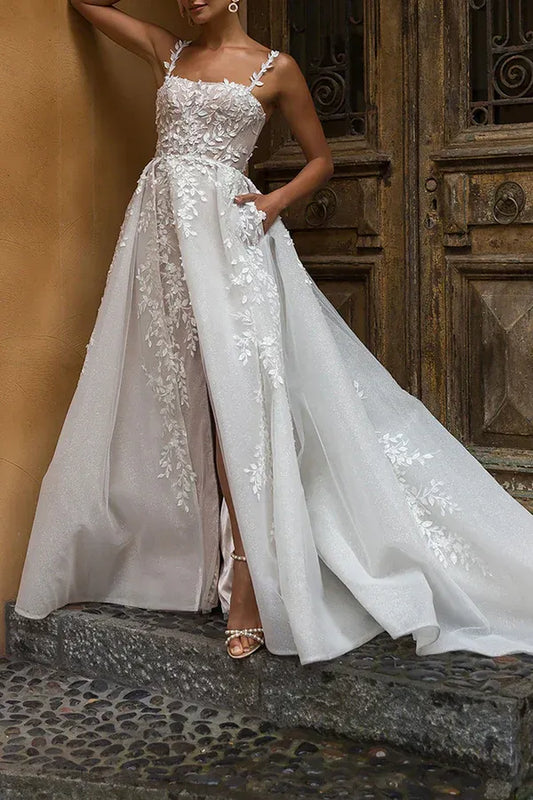A-Line Square Neck Floor-Length Wedding Dress - Yihuiw by Yihuiw
