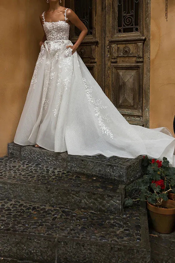 A-Line Square Neck Floor-Length Wedding Dress - Yihuiw by Yihuiw