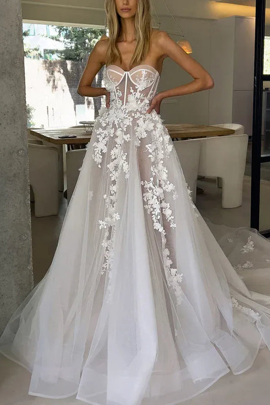 A-Line Strapless Floor-Length Wedding Dress - Yihuiw by Yihuiw