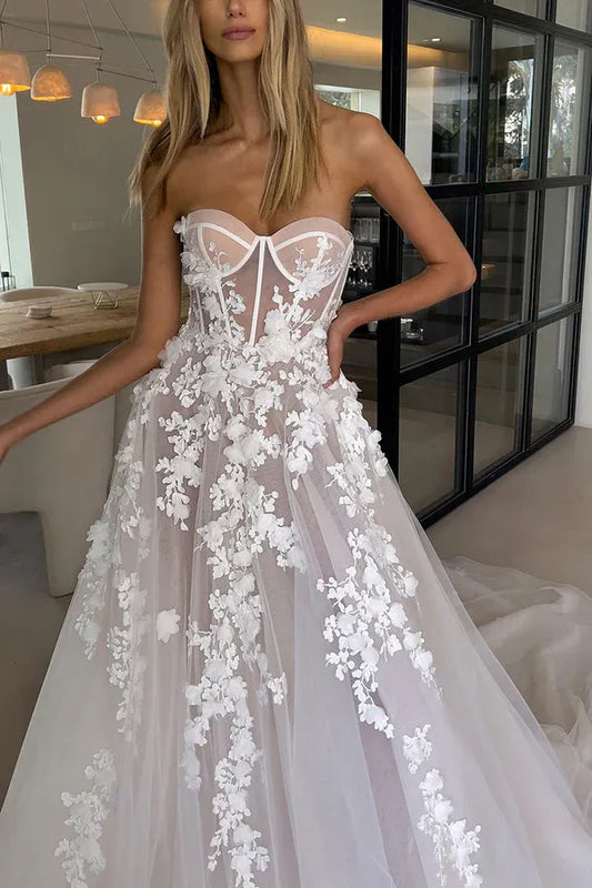 A-Line Strapless Floor-Length Wedding Dress - Yihuiw by Yihuiw