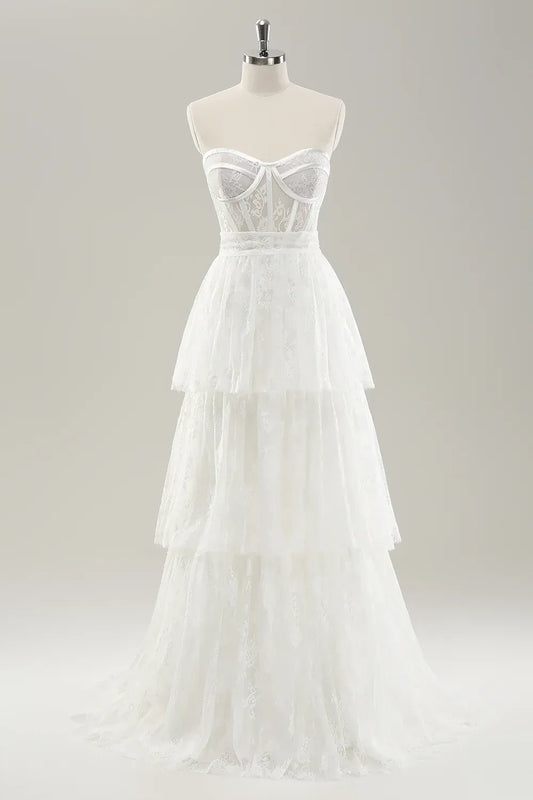 Strapless Tiered Floor-Length Wedding Dress - Yihuiw by Yihuiw