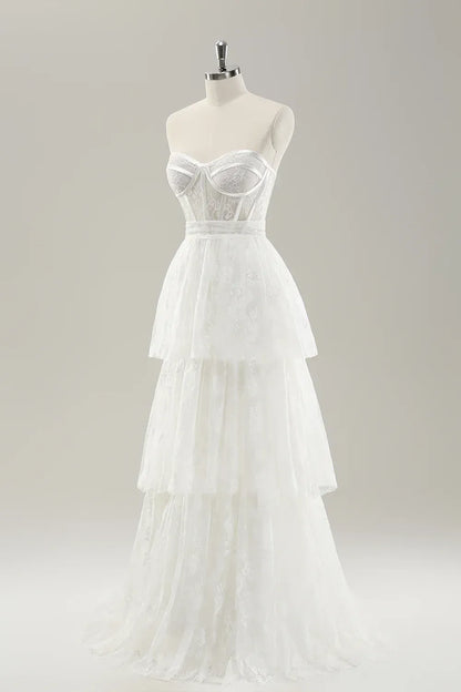 Strapless Tiered Floor-Length Wedding Dress - Yihuiw by Yihuiw