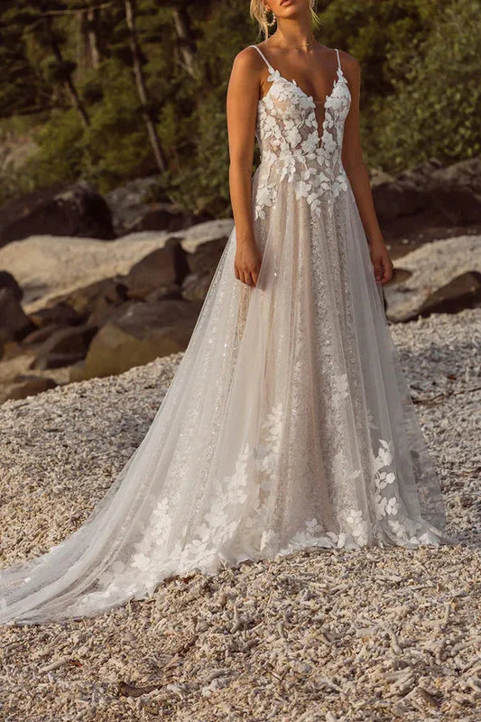 A-Line V-Neck Floor-Length Wedding Dress - Yihuiw by Yihuiw