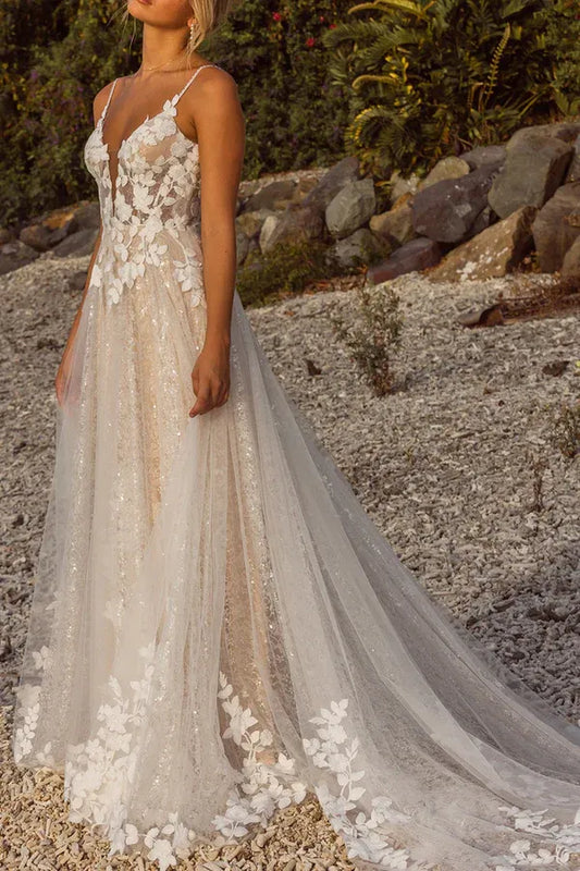 A-Line V-Neck Floor-Length Wedding Dress - Yihuiw by Yihuiw