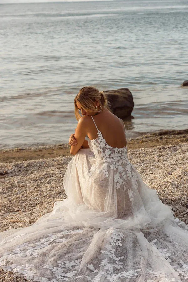 A-Line V-Neck Floor-Length Wedding Dress - Yihuiw by Yihuiw