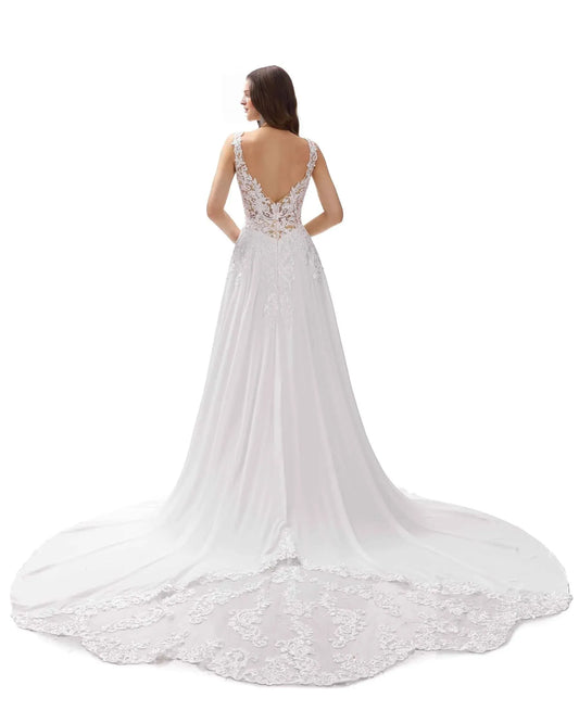 A-Line V-Neck Sleeveless Floor-Length Wedding Dress - Yihuiw by Yihuiw