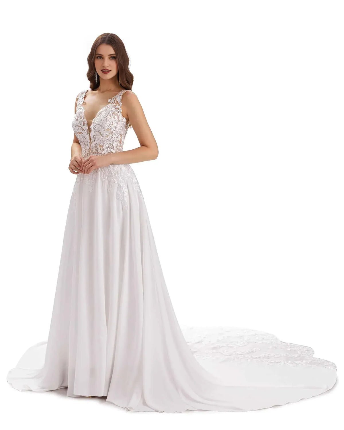 A-Line V-Neck Sleeveless Floor-Length Wedding Dress - Yihuiw by Yihuiw