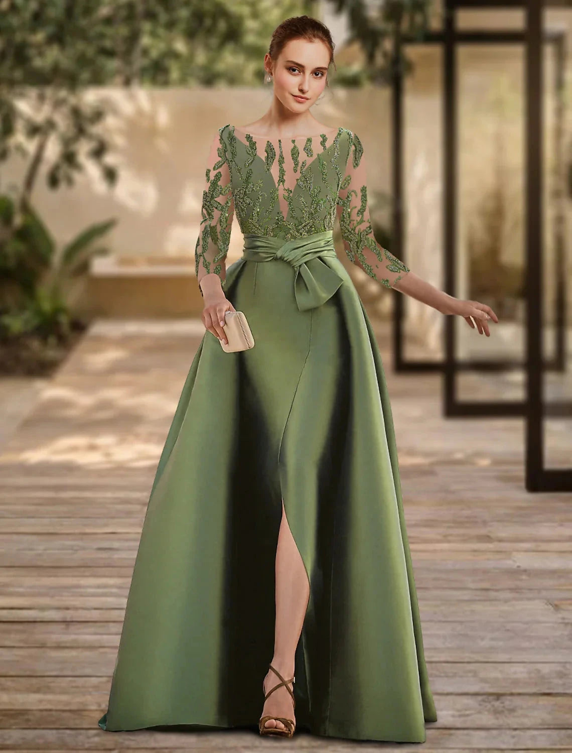 A-Line Evening Gown Open Back Dress Formal Wedding Guest Floor Length 3/4 Length Sleeve Scoop Neck Lace with Slit Strappy by YiHuiw