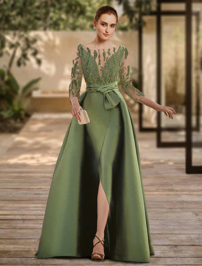 A-Line Evening Gown Open Back Dress Formal Wedding Guest Floor Length 3/4 Length Sleeve Scoop Neck Lace with Slit Strappy by YiHuiw