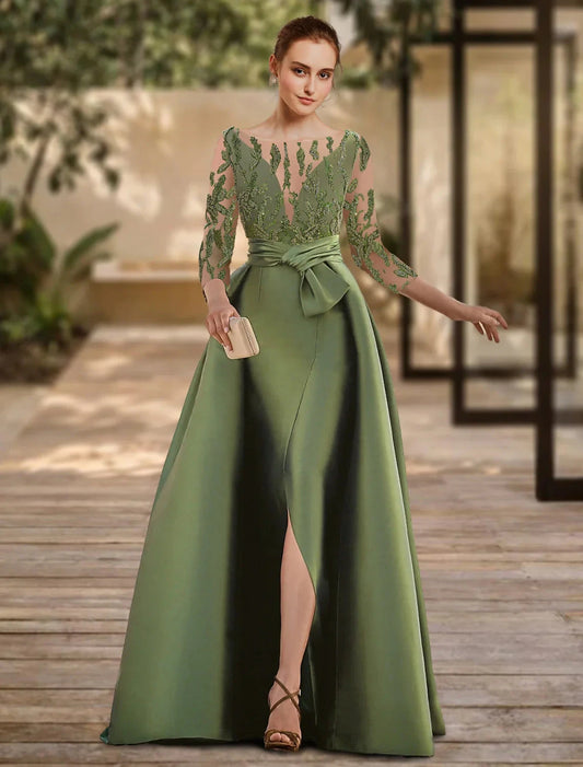 A-Line Evening Gown Open Back Dress Formal Wedding Guest Floor Length 3/4 Length Sleeve Scoop Neck Lace with Slit Strappy by YiHuiw