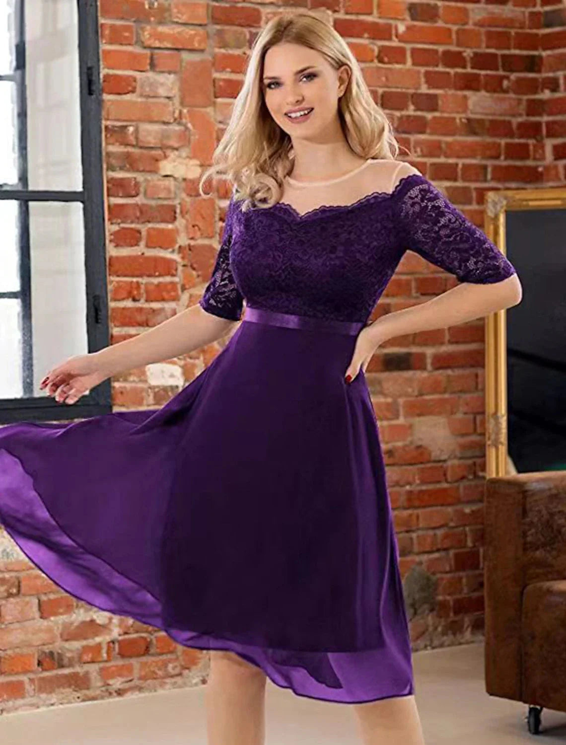 A-Line Cocktail Dresses Vintage Dress Party Wear Cocktail Party Knee Length Half Sleeve Jewel Neck Fall Wedding Guest Lace with Pleats by YiHuiw