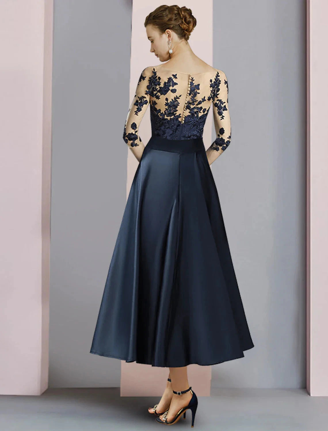 Sheath / Column Mother of the Bride Dress Fall Wedding Guest Party Elegant Scoop Neck Ankle Length Satin Lace Half Sleeve with Bow(s) Pleats by YiHuiw