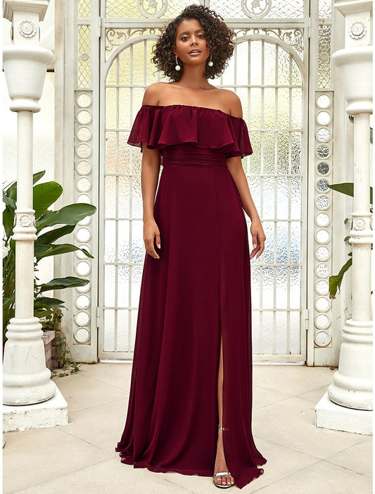 A-Line Bridesmaid Dress Off Shoulder Sleeveless Elegant Floor Length Chiffon with Ruffles / Draping / Solid Color by YiHuiw