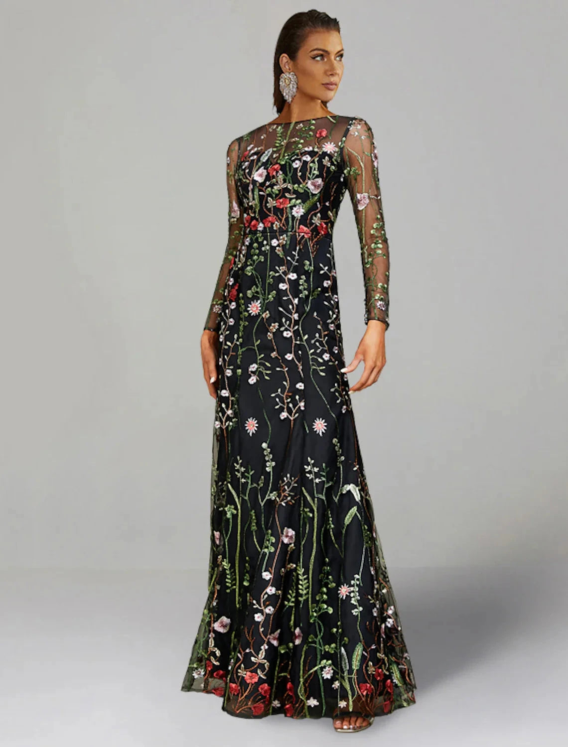 Sheath / Column Wedding Guest Dresses Floral Dress Semi Formal Garden Party Floor Length Long Sleeve Jewel Neck Fall Wedding Guest Tulle with Embroidery by YiHuiw