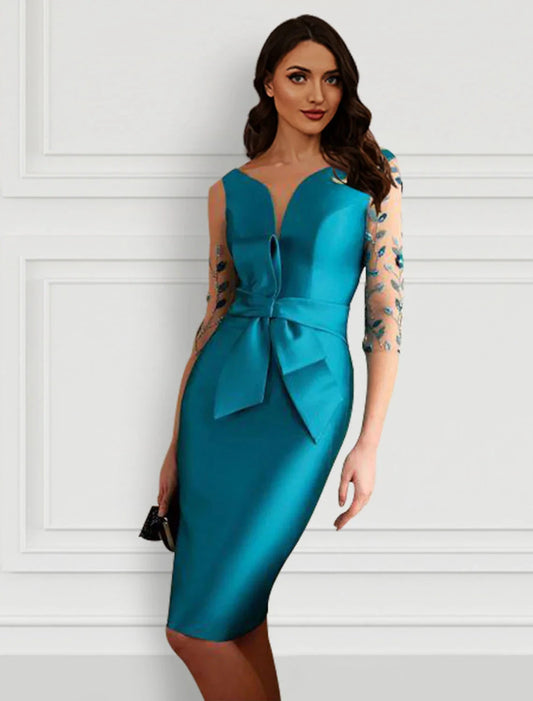 Sheath / Column Cocktail Dresses Open Back Dress Formal Knee Length Half Sleeve Jewel Neck Satin with Bow(s) Slit Appliques by YiHuiw
