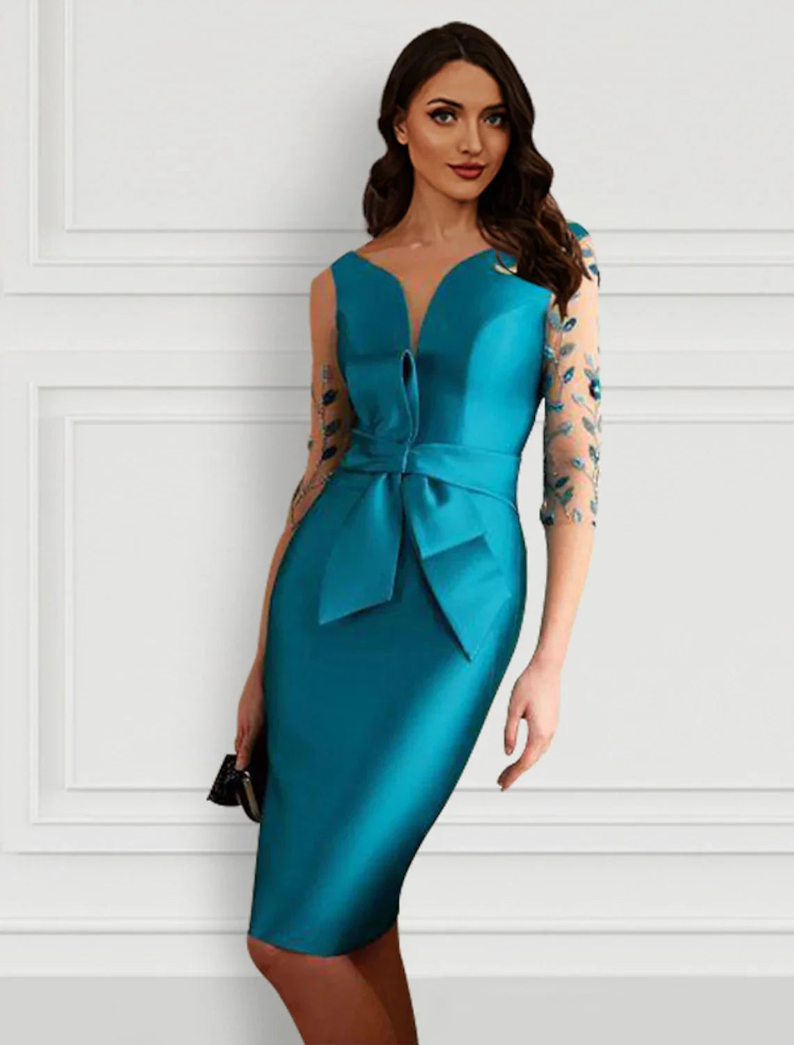 Sheath Party Dress Cocktail Dresses Open Back Dress Formal Wedding Guest Knee Length Half Sleeve Jewel Neck Satin with Bow(s) Slit Appliques by YiHuiw