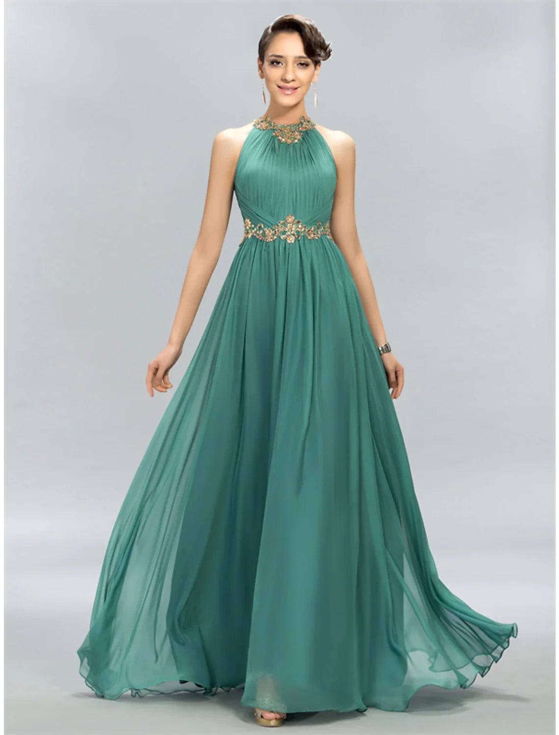 A-Line Wedding Guest Dresses Maxi Dress Party Wear Wedding Party Floor Length Sleeveless Halter Neck Chiffon with Ruched Appliques by YiHuiw