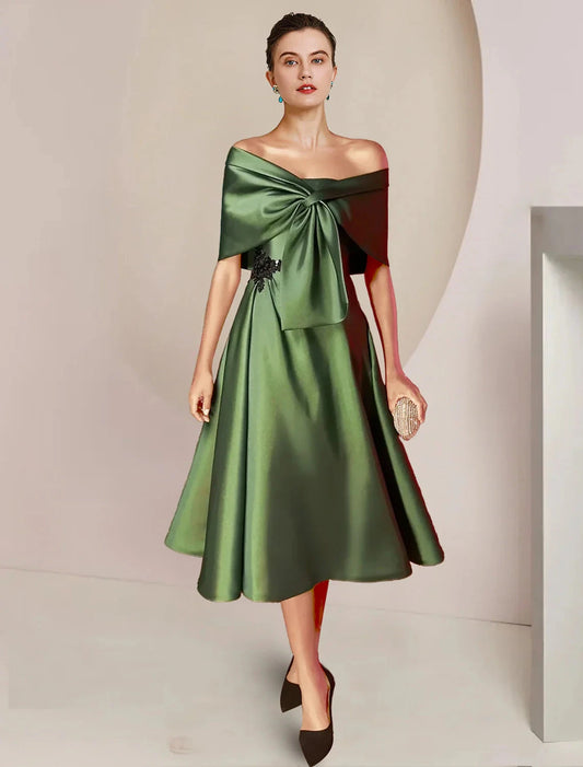 Two Piece A-Line Mother of the Bride Dress Formal Wedding Guest Party Elegant Strapless Tea Length Charmeuse Sequined Sleeveless Shawls with Beading Appliques by YiHuiw