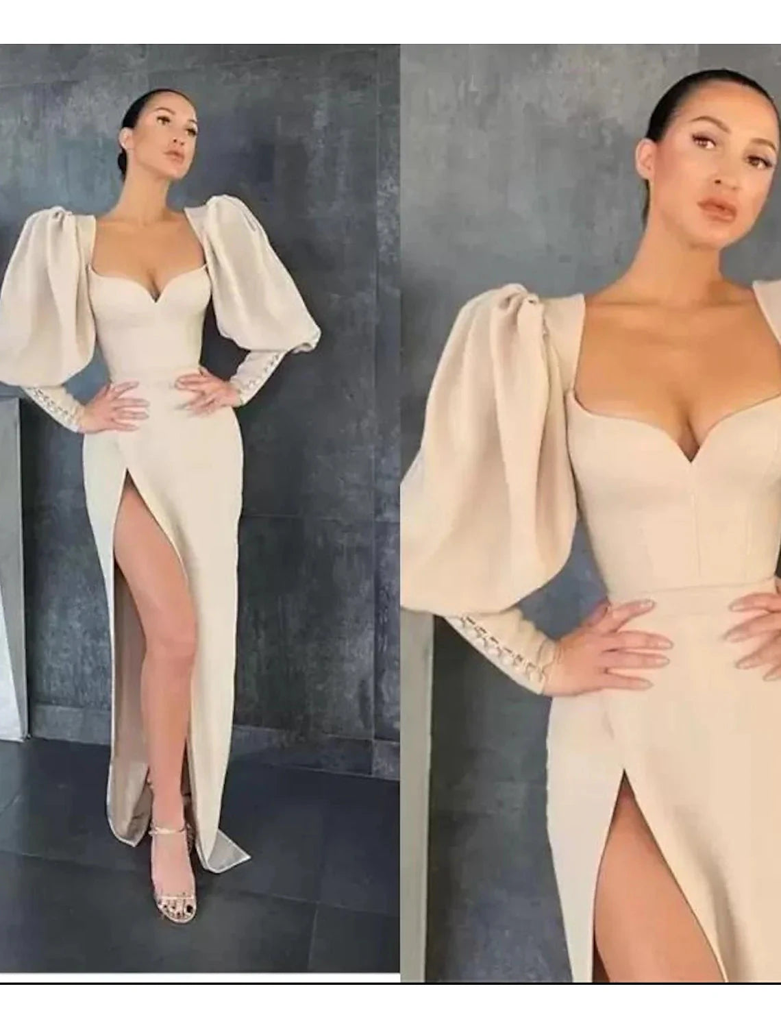 Mermaid / Trumpet Sheath / Column Cocktail Dresses Sexy Dress Party Wear Wedding Guest Floor Length Long Sleeve Sweetheart Fabric Ladder Back with Buttons Slit by YiHuiw
