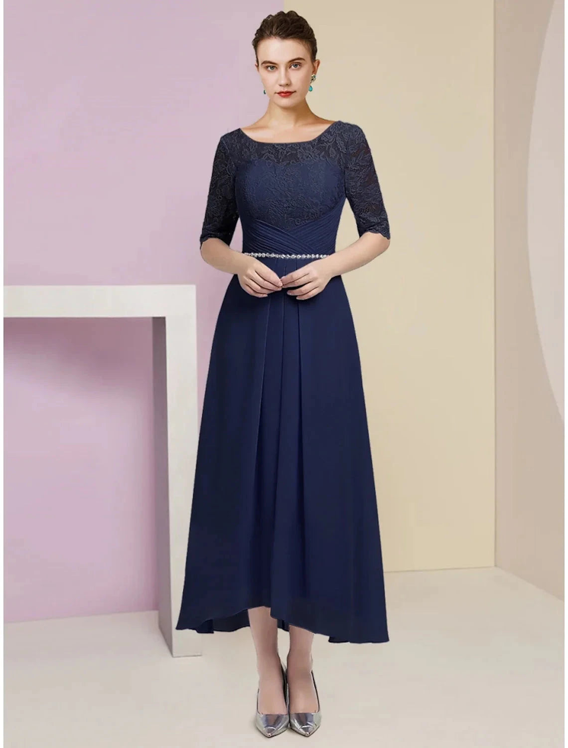 A-Line Mother of the Bride Dress Wedding Guest Elegant Scoop Neck Ankle Length Chiffon Half Sleeve with Crystals Ruching by YiHuiw