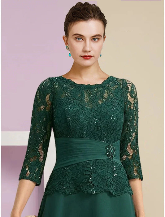 A-Line Mother of the Bride Dress Wedding Guest Elegant Scoop Neck Floor Length Chiffon 3/4 Length Sleeve with Lace Sequin Ruching by YiHuiw