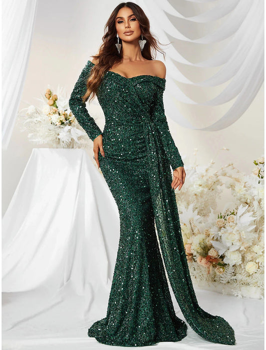 Mermaid / Trumpet Evening Gown Sparkle & Shine Dress Formal Cocktail Party Sweep / Brush Train Long Sleeve Off Shoulder Polyester with Sequin by YiHuiw