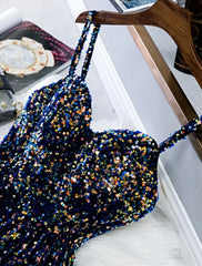 A-Line Sparkle & Shine Holiday Cocktail Party Dress Spaghetti Strap Sleeveless Knee Length Sequined with Sequin