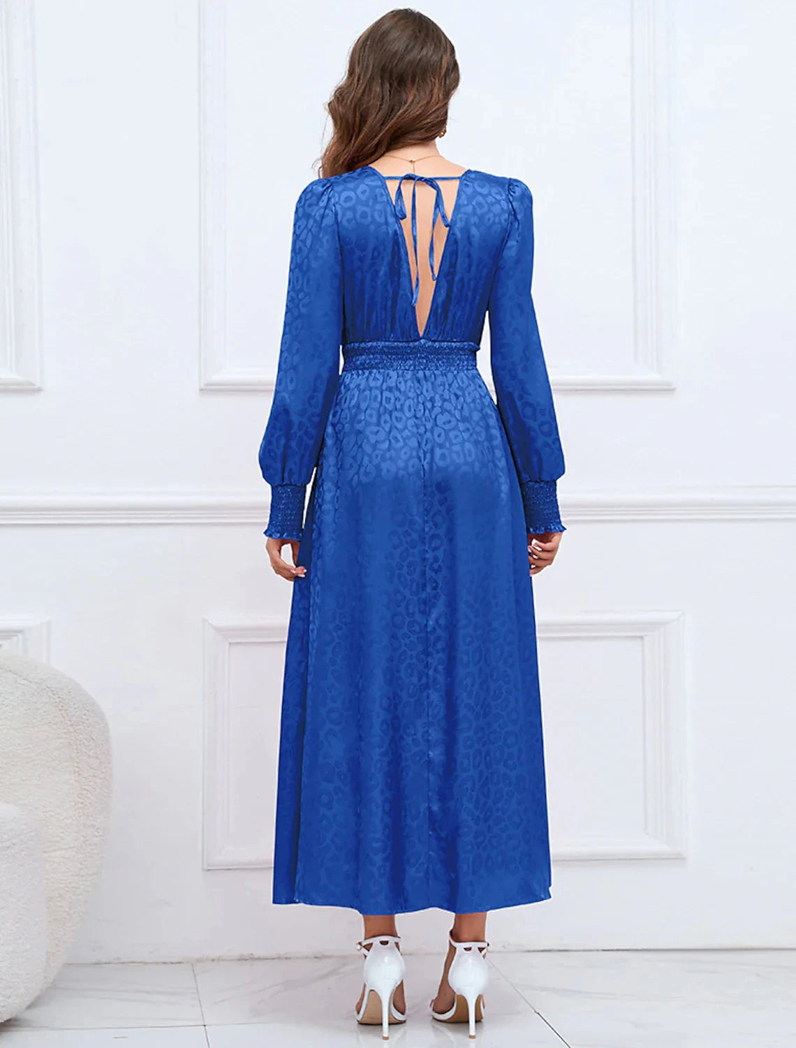 A-Line Party Dresses Elegant Dress Formal Fall Ankle Length Long Sleeve V Neck Satin with Ruffles Print by YiHuiw