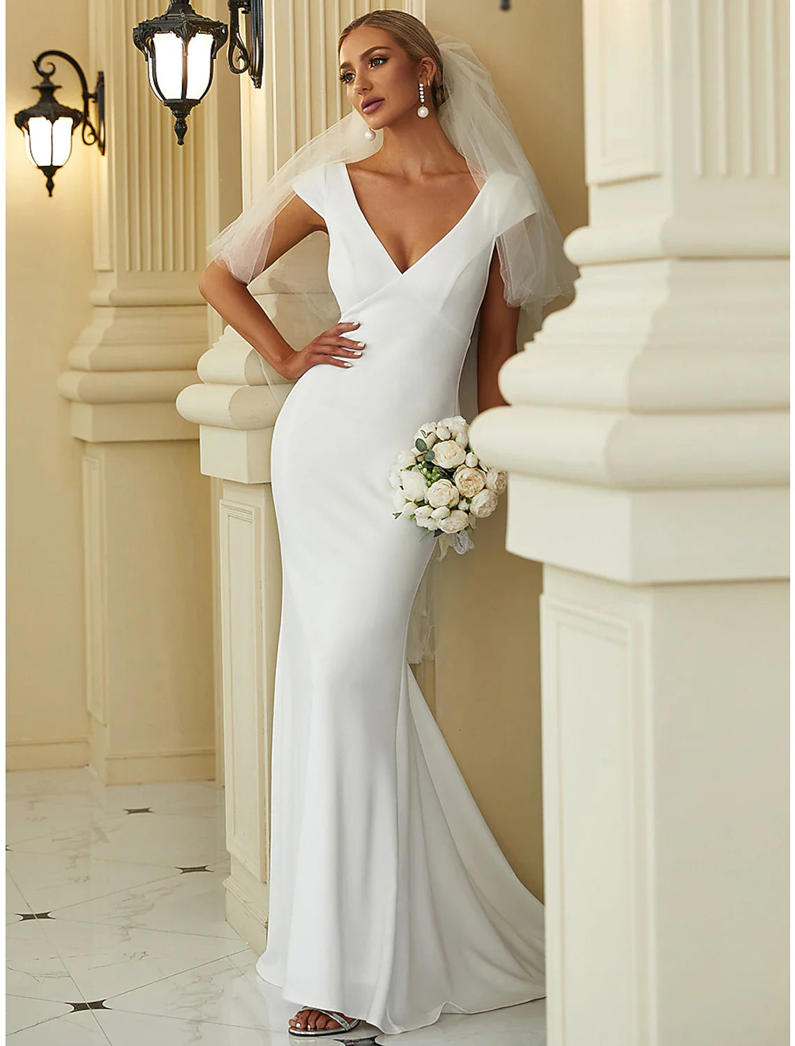 Reception Casual Wedding Dresses Mermaid / Trumpet V Neck Cap Sleeve Sweep / Brush Train  Fabric Bridal Gowns With Draping Solid Color  Summer Wedding Party  Women's Clothing