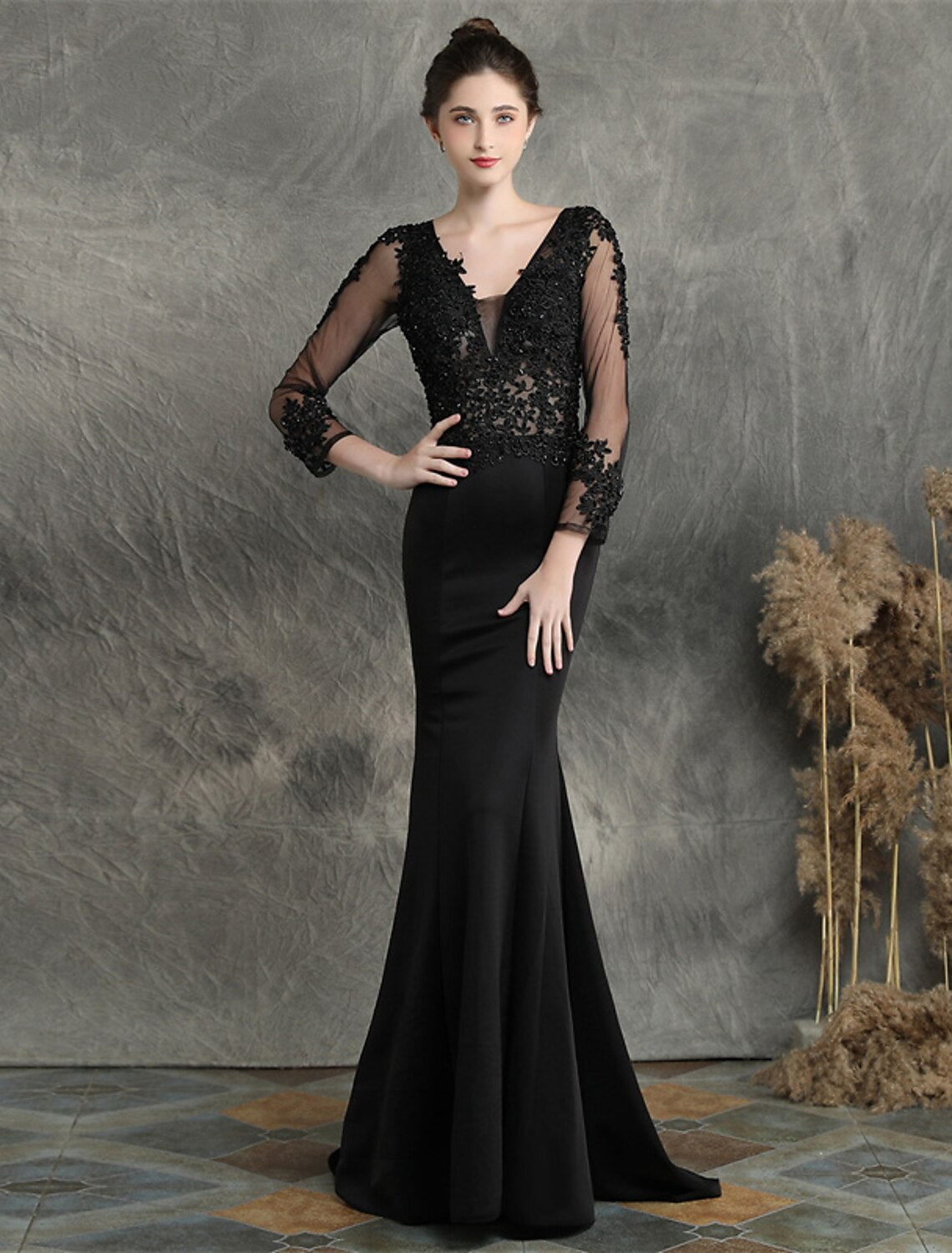 Mermaid / Trumpet Prom Dresses Elegant Dress Formal Wedding Guest Sweep / Brush Train Long Sleeve V Neck Cotton Blend with Beading Appliques by YiHuiw