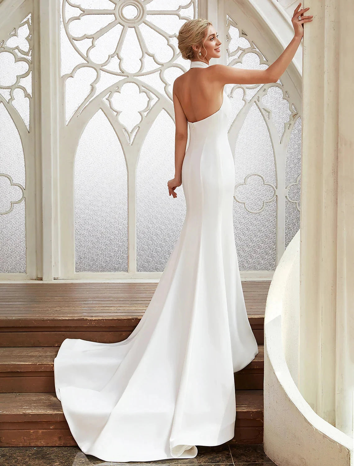 Bridal Shower Casual Open Back Wedding Dresses Court Train Sheath / Column Regular Straps Halter Satin With Pleats Bridal Gowns by YiHuiw