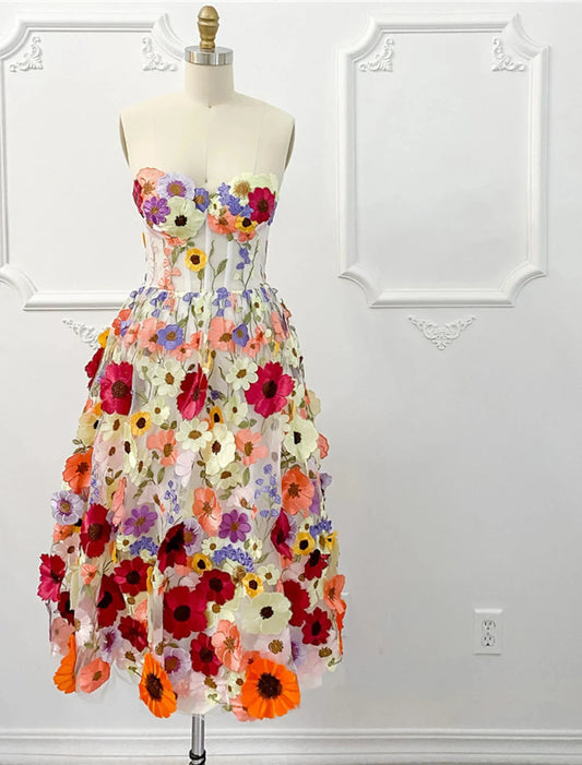 A-Line Cocktail Dresses Floral Dress Summer Garden Party Knee Length Sleeveless Strapless Tulle with Appliques by YiHuiw