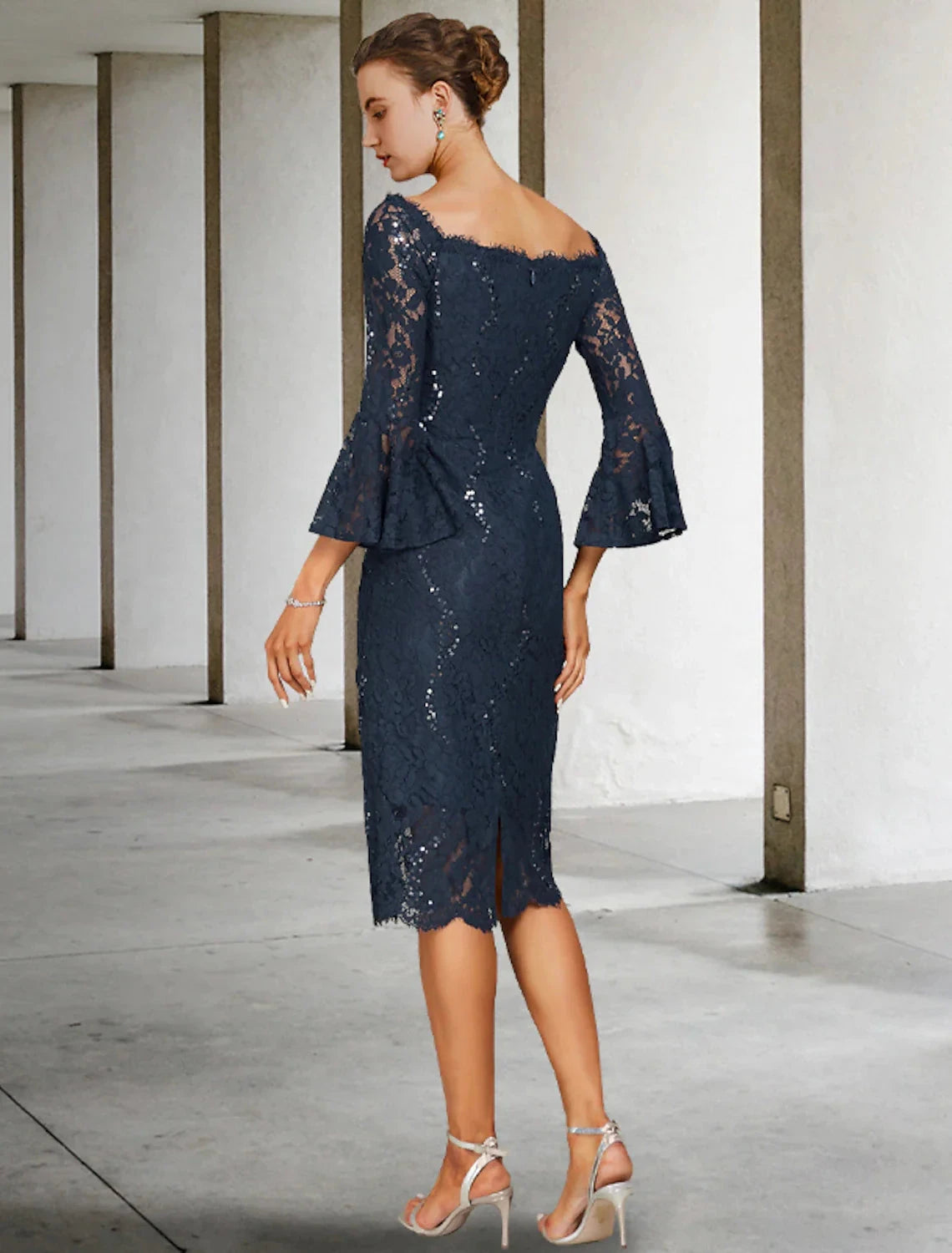 Sheath / Column Mother of the Bride Dress Wedding Guest Vintage Elegant Jewel Neck Tea Length Lace 3/4 Length Sleeve with Sequin Fall by YiHuiw