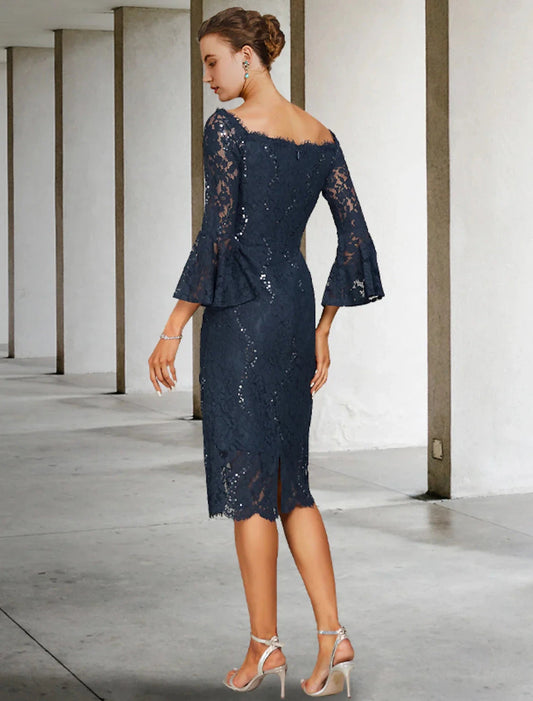 Sheath / Column Mother of the Bride Dress Wedding Guest Vintage Elegant Jewel Neck Tea Length Lace 3/4 Length Sleeve with Sequin Fall by YiHuiw