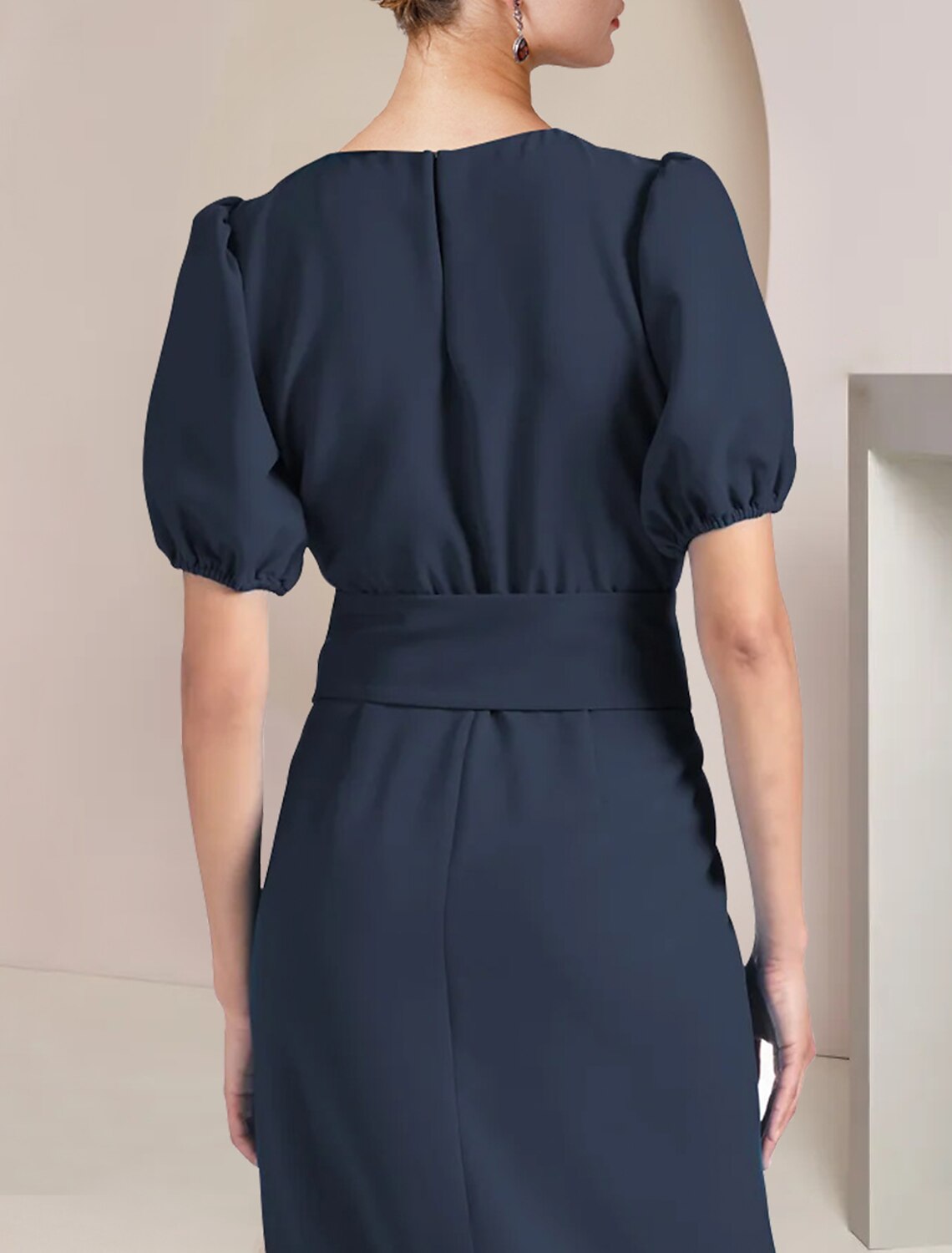 Sheath / Column Mother of the Bride Dress Formal Wedding Guest Elegant Scoop Neck Tea Length Chiffon Short Sleeve with Sash / Ribbon by YiHuiw