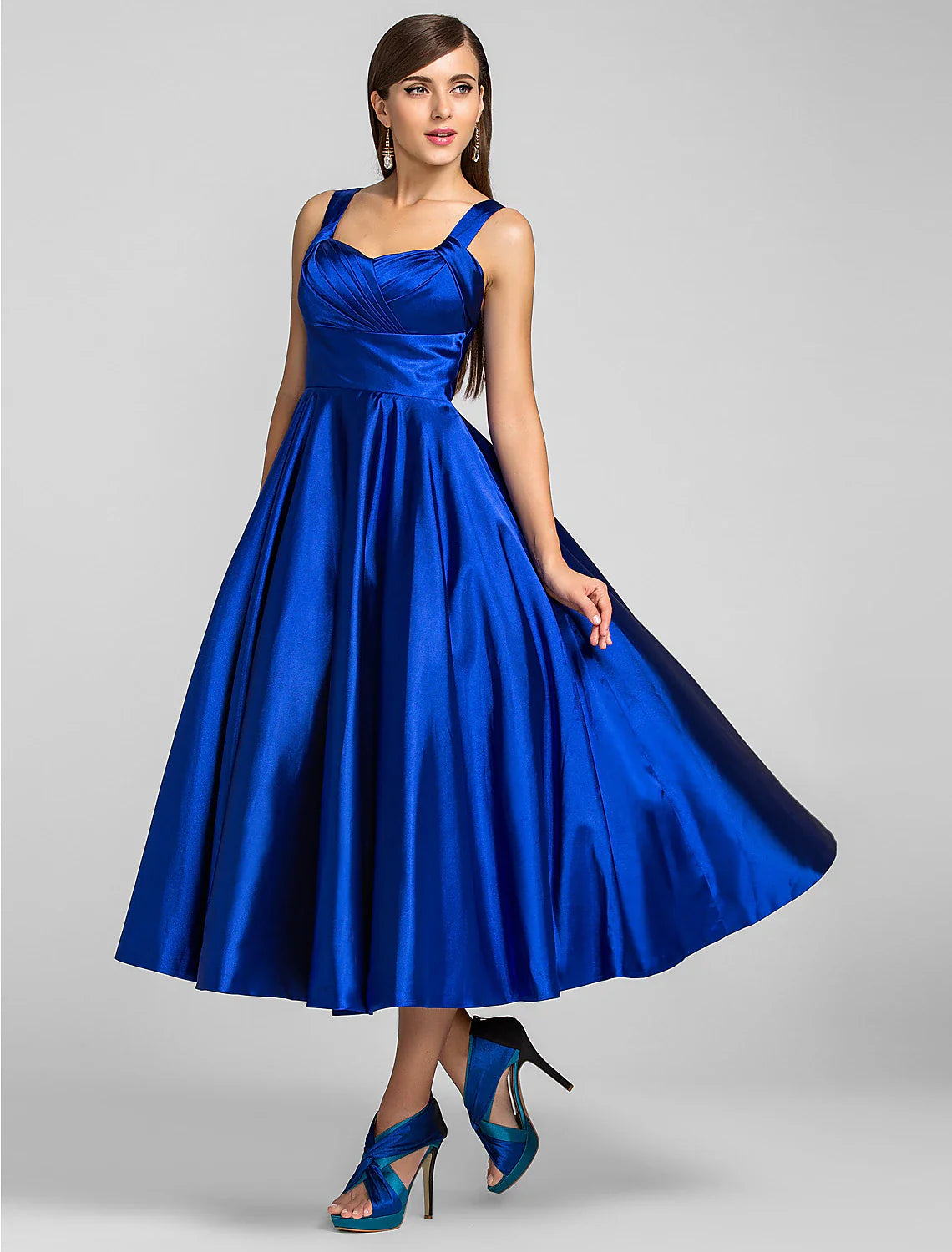 A-Line Minimalist Dress Wedding Guest Cocktail Party Tea Length Sleeveless Square Neck  Satin with Criss Cross