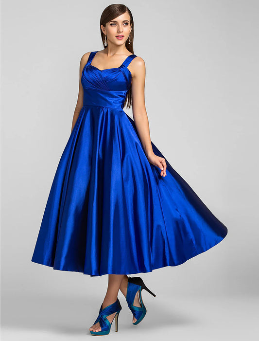 A-Line Minimalist Dress Wedding Guest Cocktail Party Tea Length Sleeveless Square Neck  Satin with Criss Cross