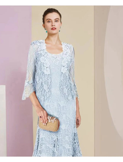 Two Piece Mermaid / Trumpet Mother of the Bride Dress Formal Wedding Guest Elegant High Low Scoop Neck Asymmetrical Tea Length Lace Sleeveless Wrap Included with Solid Color by YiHuiw