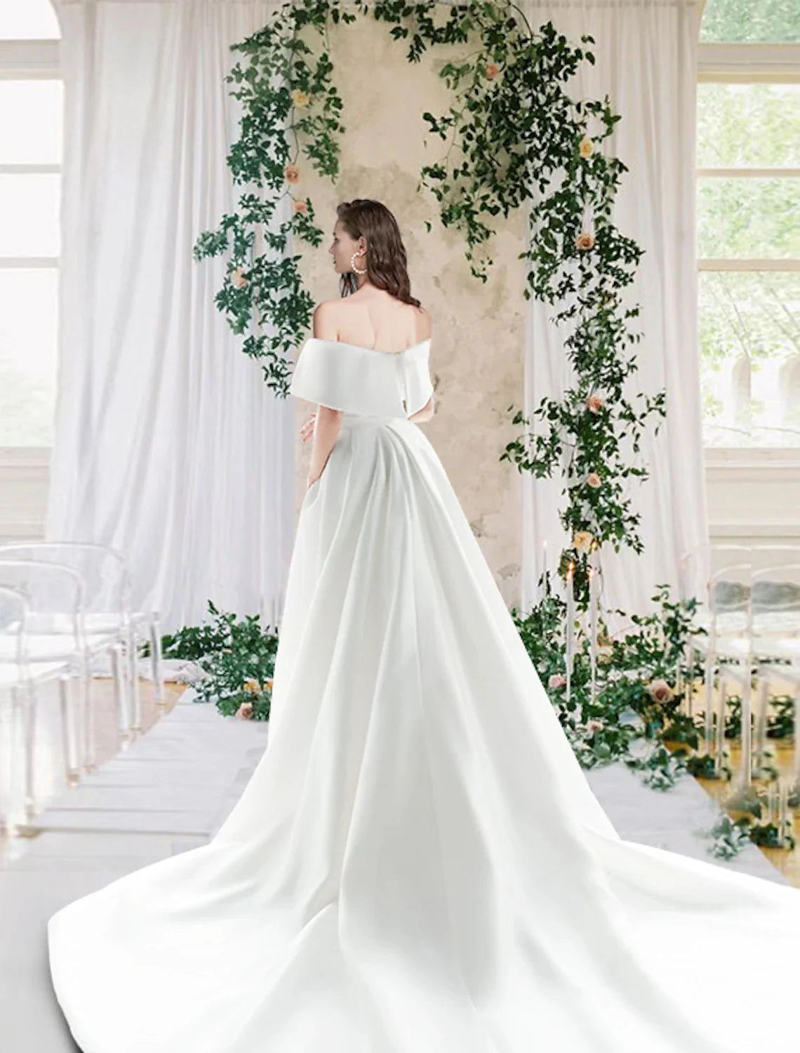 Hall Casual Fall Wedding Dresses Sheath / Column Off Shoulder Cap Sleeve Chapel Train Satin Bridal Gowns With Ruched 2025 Summer Wedding Party Women‘s Clothing by YiHuiw