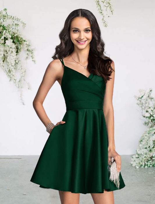 A-Line Bridesmaid Dress V Neck Sleeveless Sexy Short / Mini Satin with Pleats by YiHuiw