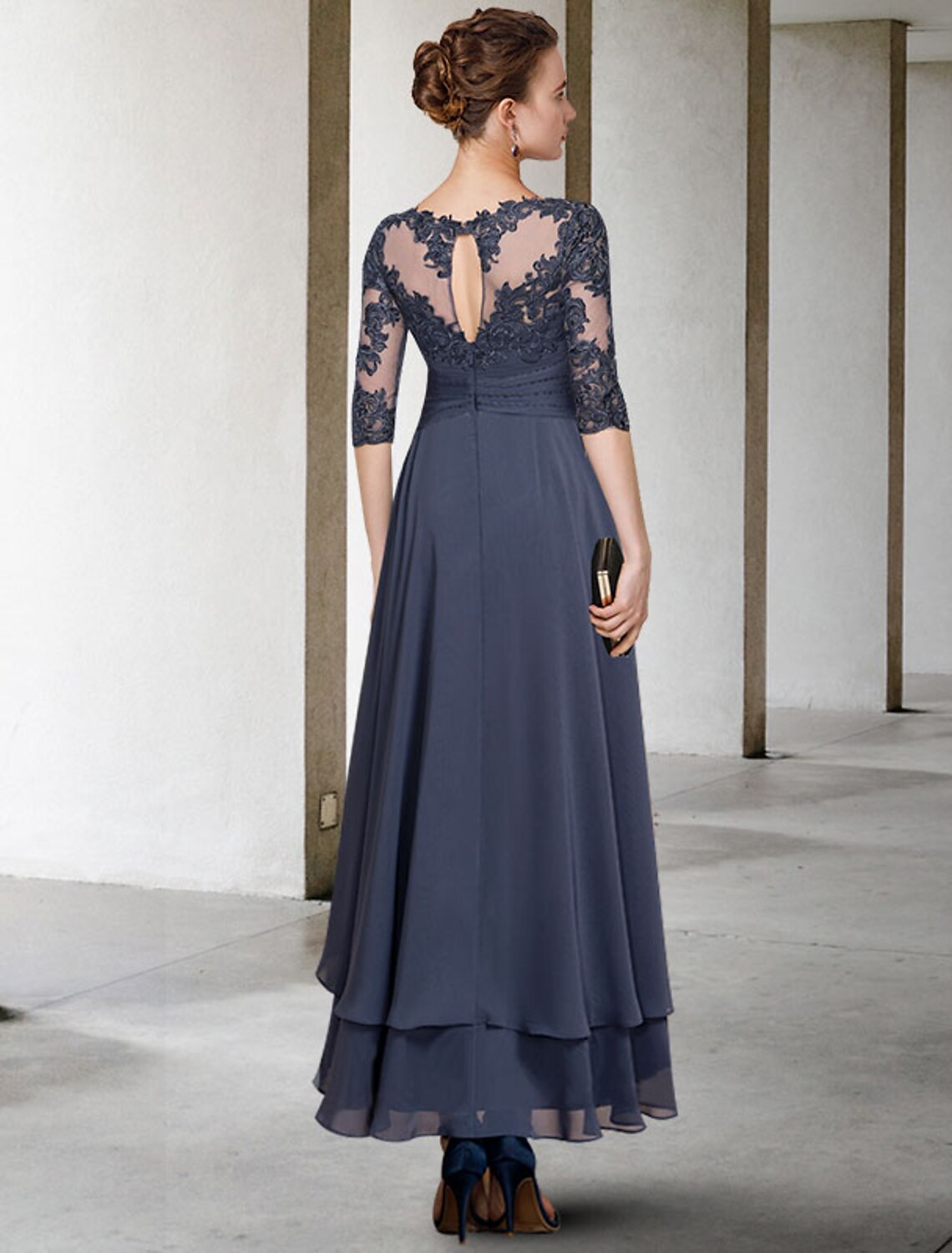 A-Line Mother of the Bride Dress Plus Size Elegant High Low Jewel Neck Asymmetrical Tea Length Chiffon Lace Short Sleeve with Ruched Beading Appliques by YiHuiw