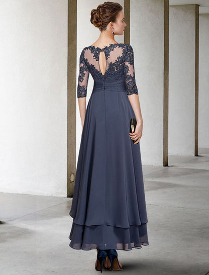 A-Line Mother of the Bride Dress Plus Size Elegant High Low Jewel Neck Asymmetrical Tea Length Chiffon Lace Short Sleeve with Ruched Beading Appliques by YiHuiw