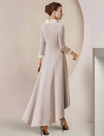 A-Line Mother of the Bride Dress Formal Wedding Guest Party Elegant High Neck Asymmetrical Tea Length Satin 3/4 Length Sleeve with Bow(s) Crystal Brooch by YiHuiw