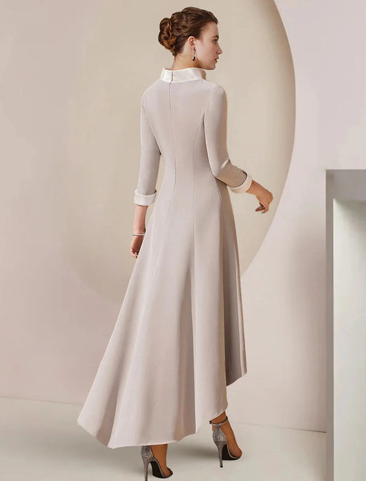 A-Line Mother of the Bride Dress Formal Wedding Guest Party Elegant High Neck Asymmetrical Tea Length Satin 3/4 Length Sleeve with Bow(s) Crystal Brooch by YiHuiw