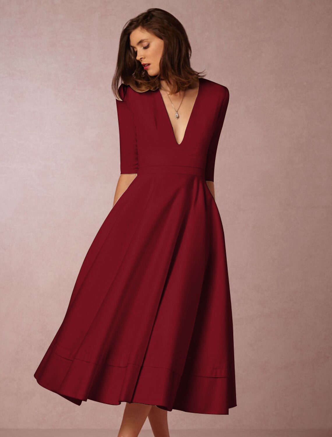 A-Line Special Occasion Dresses Party Dress Holiday Wedding Guest Tea Length Half Sleeve V Neck Pocket Jersey with Pleats White & Ivory ship in 48 hours by YiHuiw