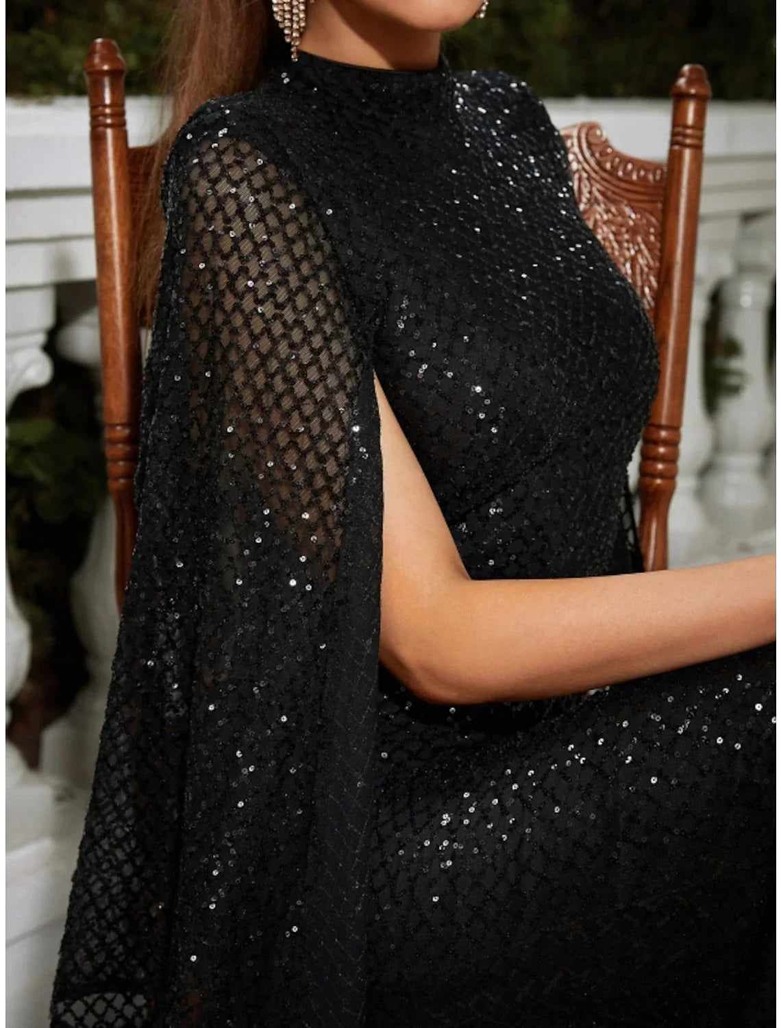 Cape Mermaid / Trumpet Evening Gown Sparkle & Shine Dress Formal Fall Floor Length Sleeveless High Neck Sequined with Glitter Pleats by YiHuiw