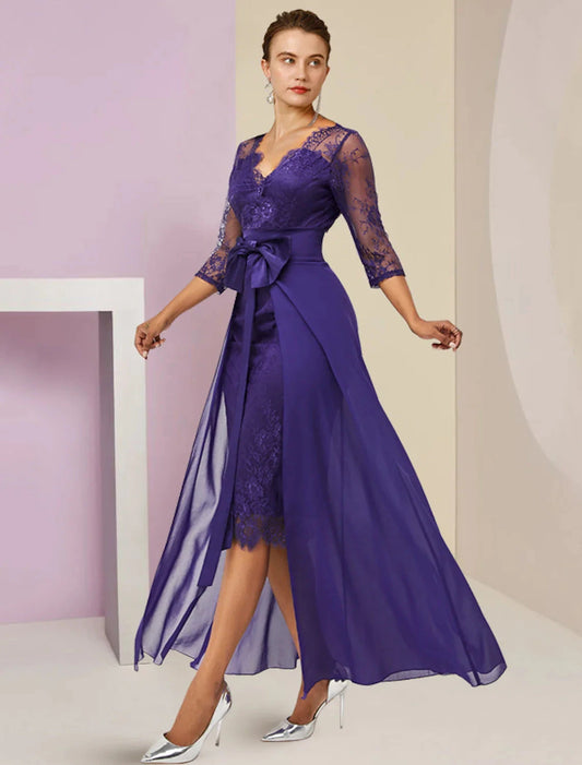Two Piece Sheath / Column Mother of the Bride Dress Formal Fall Wedding Guest Elegant detachable V Neck Knee Length Chiffon Lace 3/4 Length Sleeve with Bow(s) by YiHuiw
