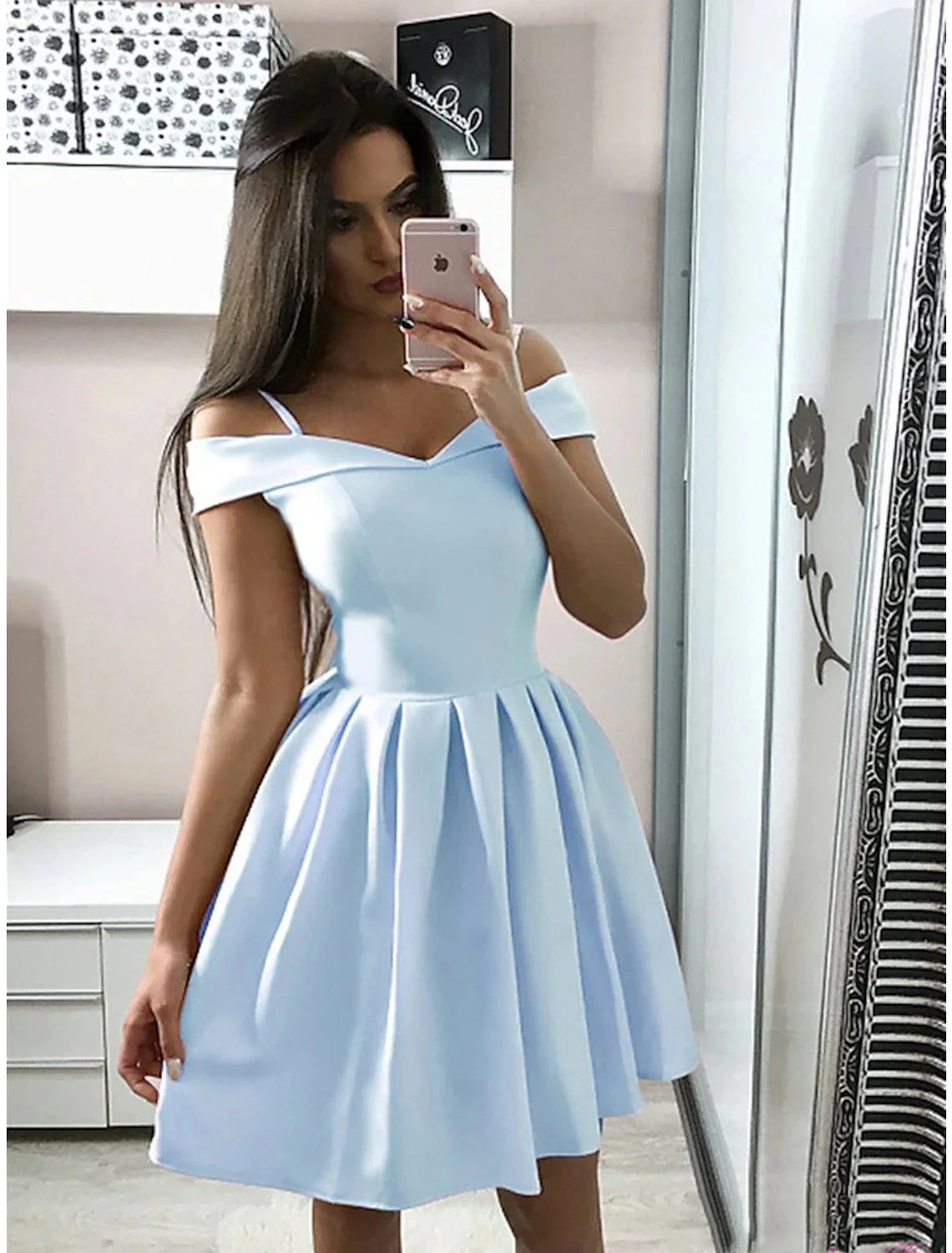 A-Line Cocktail Dresses Minimalist Dress Homecoming Party Wear Knee Length Sleeveless V Neck Pink Dress Fabric with Pleats by YiHuiw